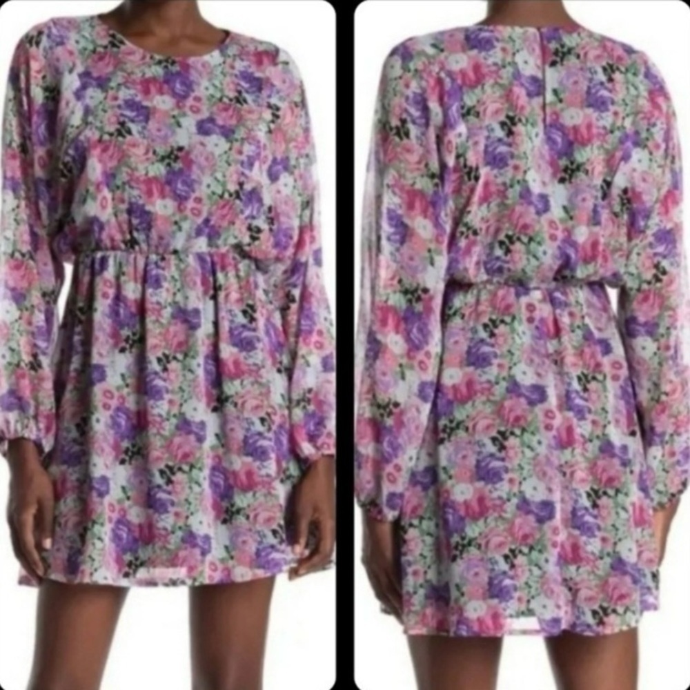 WAYF Floral Spring Dress with‎ Purple and Pink Accents size XS